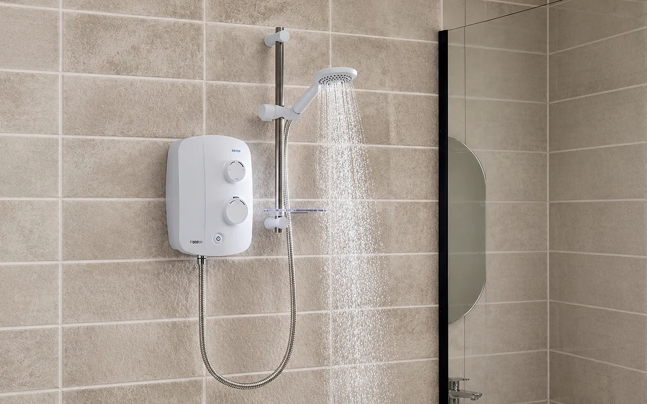 Triton AS2000SR electric shower in use, water flowing from overhead showerhead, mounted on stone-effect tiled wall.