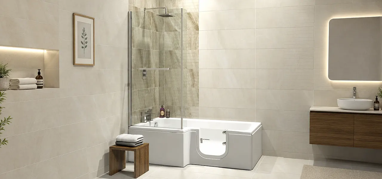 White L-shaped shower bath with a built-in side access door and a glass screen, in a beige-tiled bathroom with a wooden stool and folded towels.