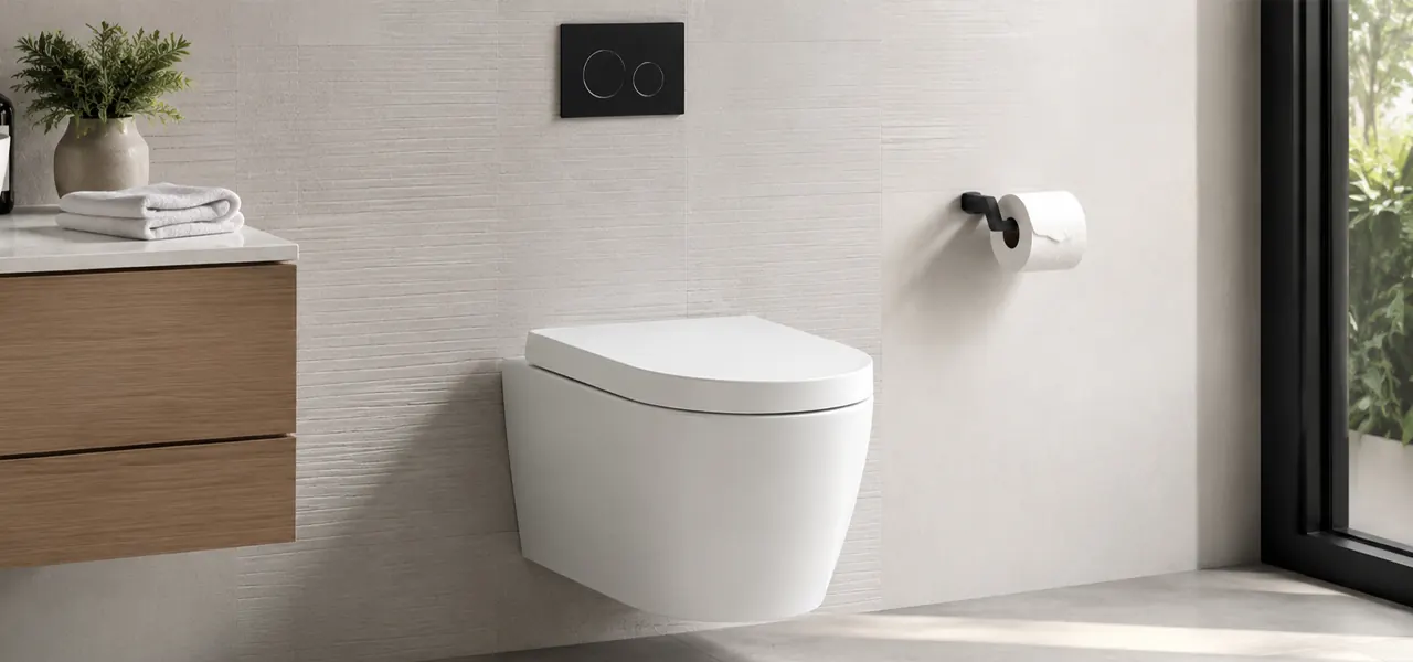 A modern wall-hung toilet in white ceramic with a soft-close seat and rounded contemporary silhouette, designed to mount to the wall with a concealed cistern for a sleek, floating look.