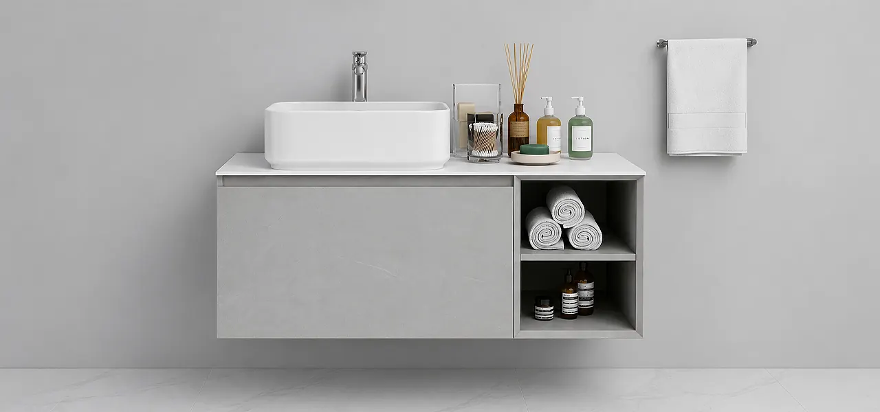 Stone-effect wall-hung vanity unit with a white countertop basin, chrome tap and open shelving holding rolled towels and toiletries.
