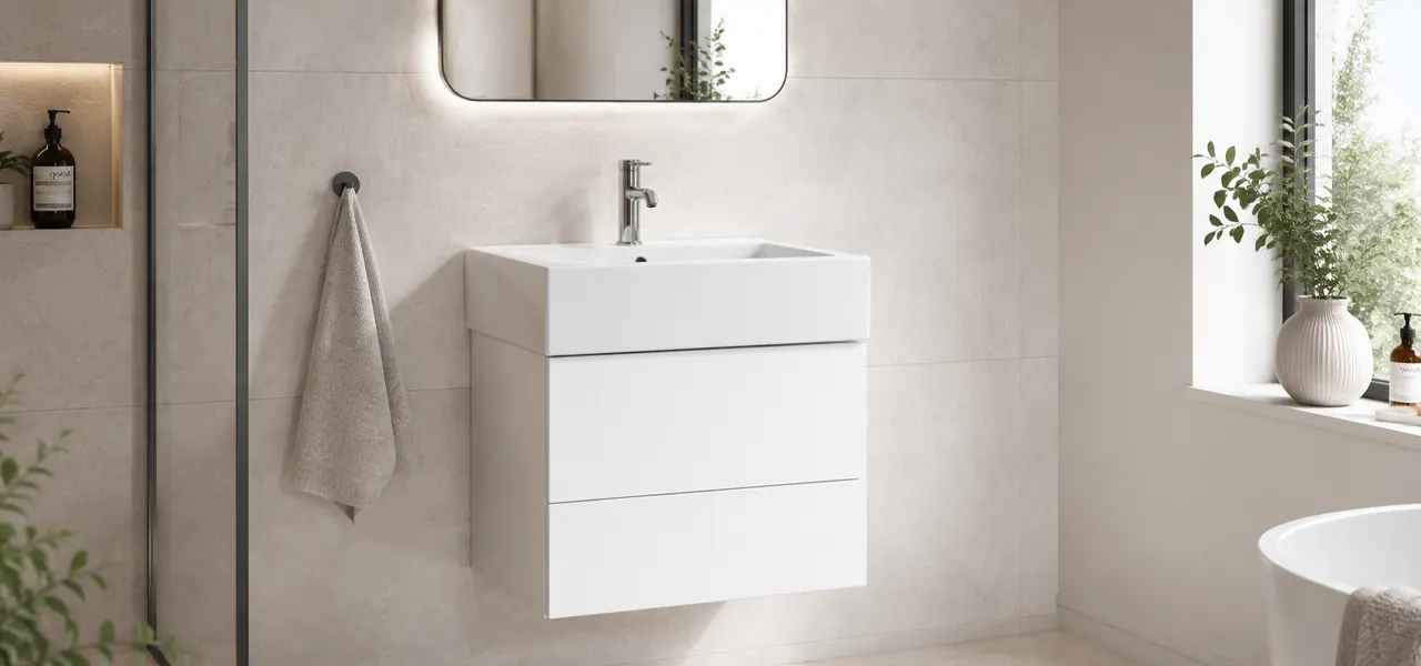 A modern wall-mounted vanity unit in matte white with two soft-close drawers topped by a ceramic countertop basin and chrome mixer tap, designed to leave the floor exposed for an open feel.