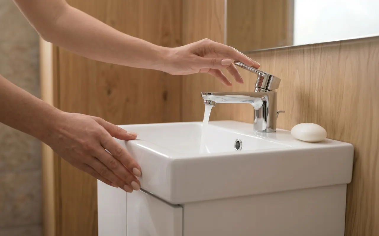 Person rinsing their hands under a chrome tap at a white cloakroom basin on a gloss vanity unit, against a wood-panelled wall.