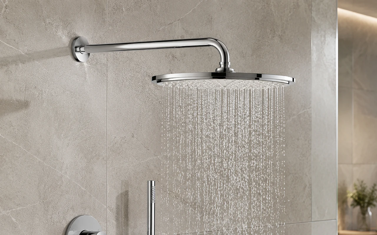 Slim water-saving shower head mounted on a horizontal wall arm with a minimalist chrome finish.