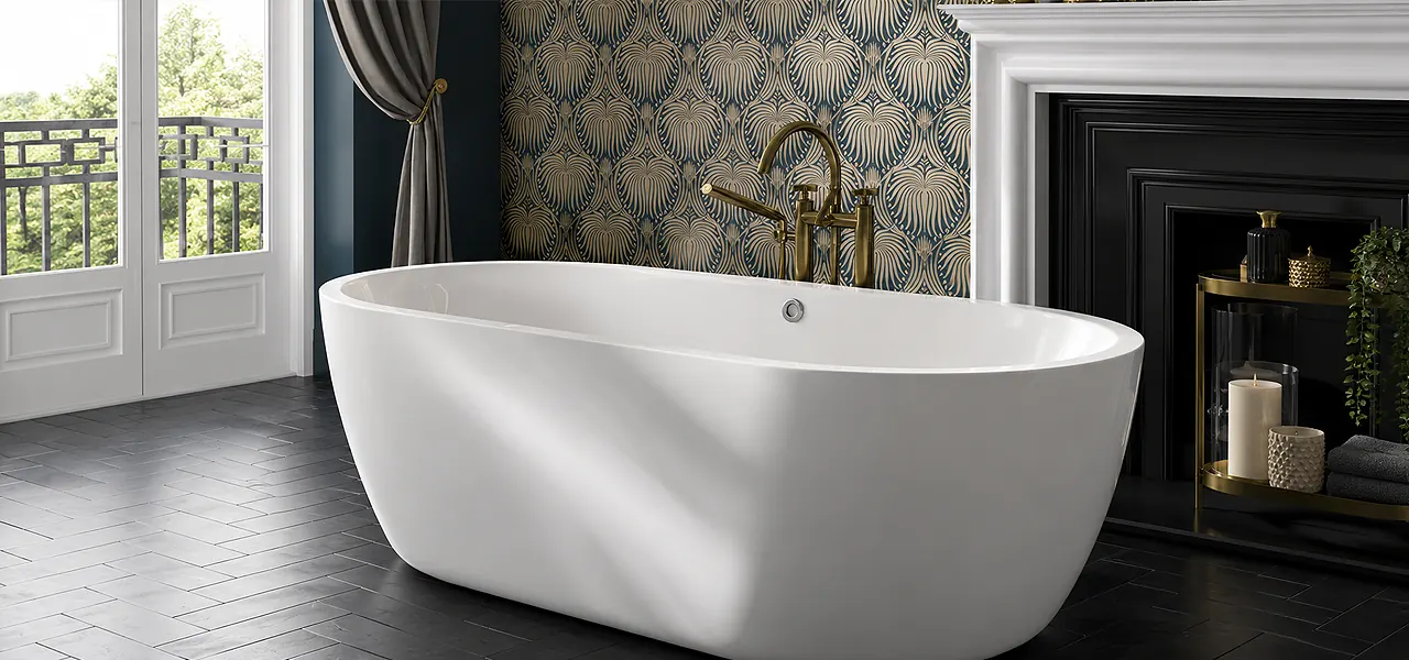 White freestanding double-ended bath with brass floor-standing taps, in front of art deco wallpaper and a fireplace on a dark wood floor.