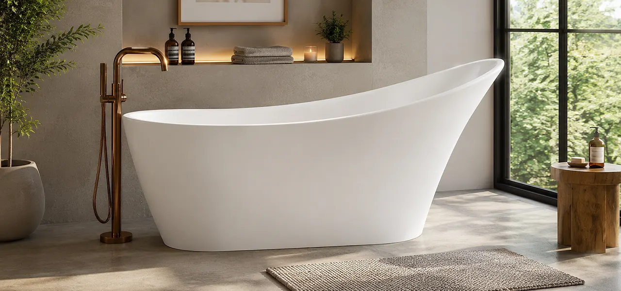 White modern acrylic single-ended slipper bath with a high sweeping backrest, shown on a plain background.