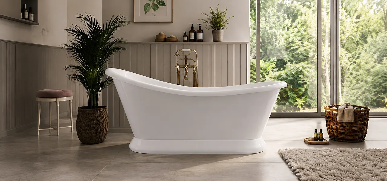 White single-ended slipper bath with a curved backrest on a solid skirted plinth base, shown on a plain background.