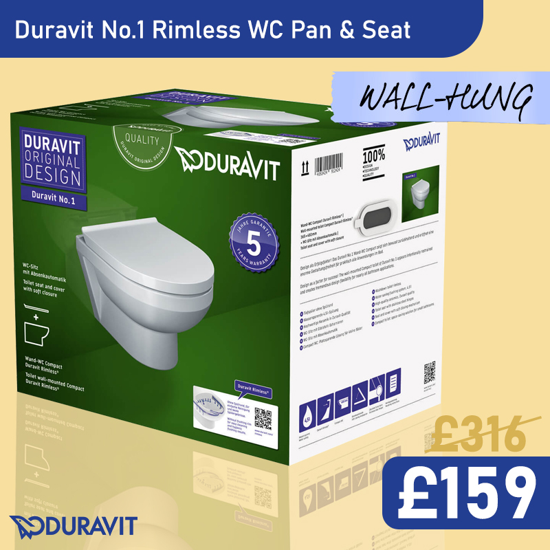 Duravit No.1 370 x 540mm Wall Mounted Rimless WC Pan And Seat