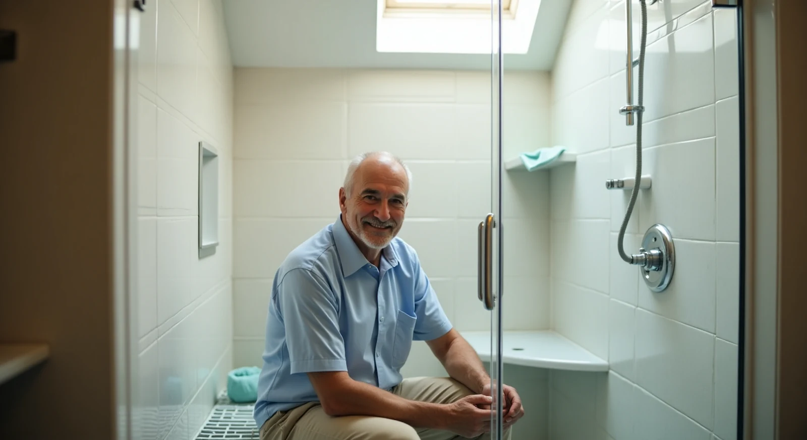 Elderly man sitting in a modern walk-in shower with grab bar and handheld showerhead.