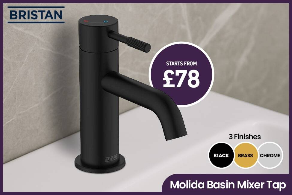 Bristan Molida Basin Mixer Tap with Curved Spout and Clicker Waste - Knurled Stick Handle