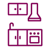 Kitchen icon showing kitchen cabinets, an oven, and a cooker hood.