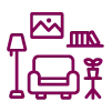 Living room icon showing a sofa, floor lamp, bookshelf, and small side table.