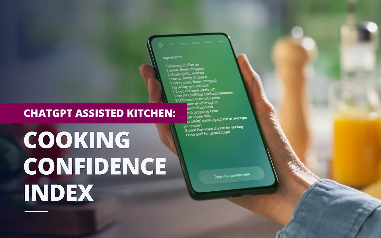 Close-up of a person’s hand holding a smartphone with an AI-generated recipe, text overlay says “ChatGPT Assisted Kitchen: Cooking Confidence Index.”