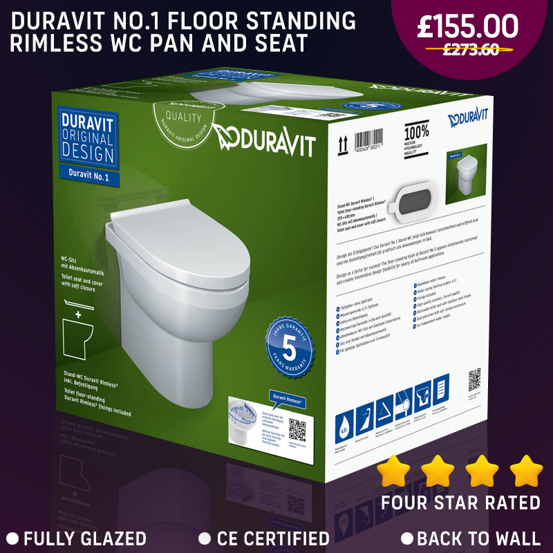 Duravit No.1 Floor Standing 370 x 480mm Rimless WC Pan And Seat