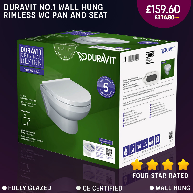 Duravit No.1 370 x 540mm Wall Mounted Rimless WC Pan And Seat