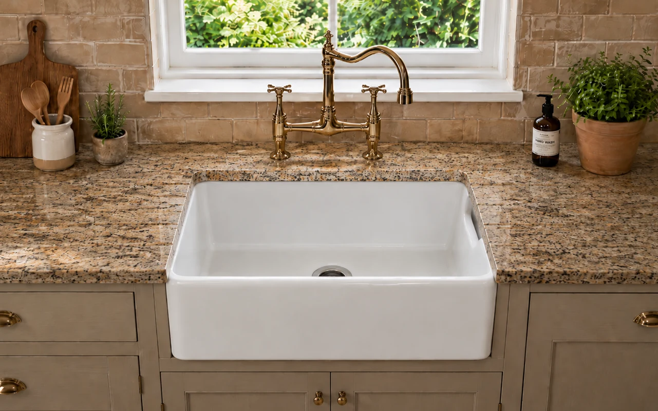 Belfast sink paired with a granite worktop, highlighting a durable undermount installation and classic farmhouse kitchen styling.