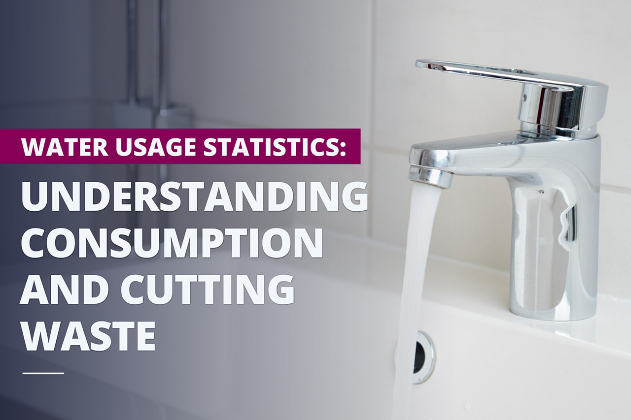 Close-up of a chrome bathroom faucet running into a white sink, with overlaid text: “WATER USAGE STATISTICS: UNDERSTANDING CONSUMPTION AND CUTTING WASTE.”