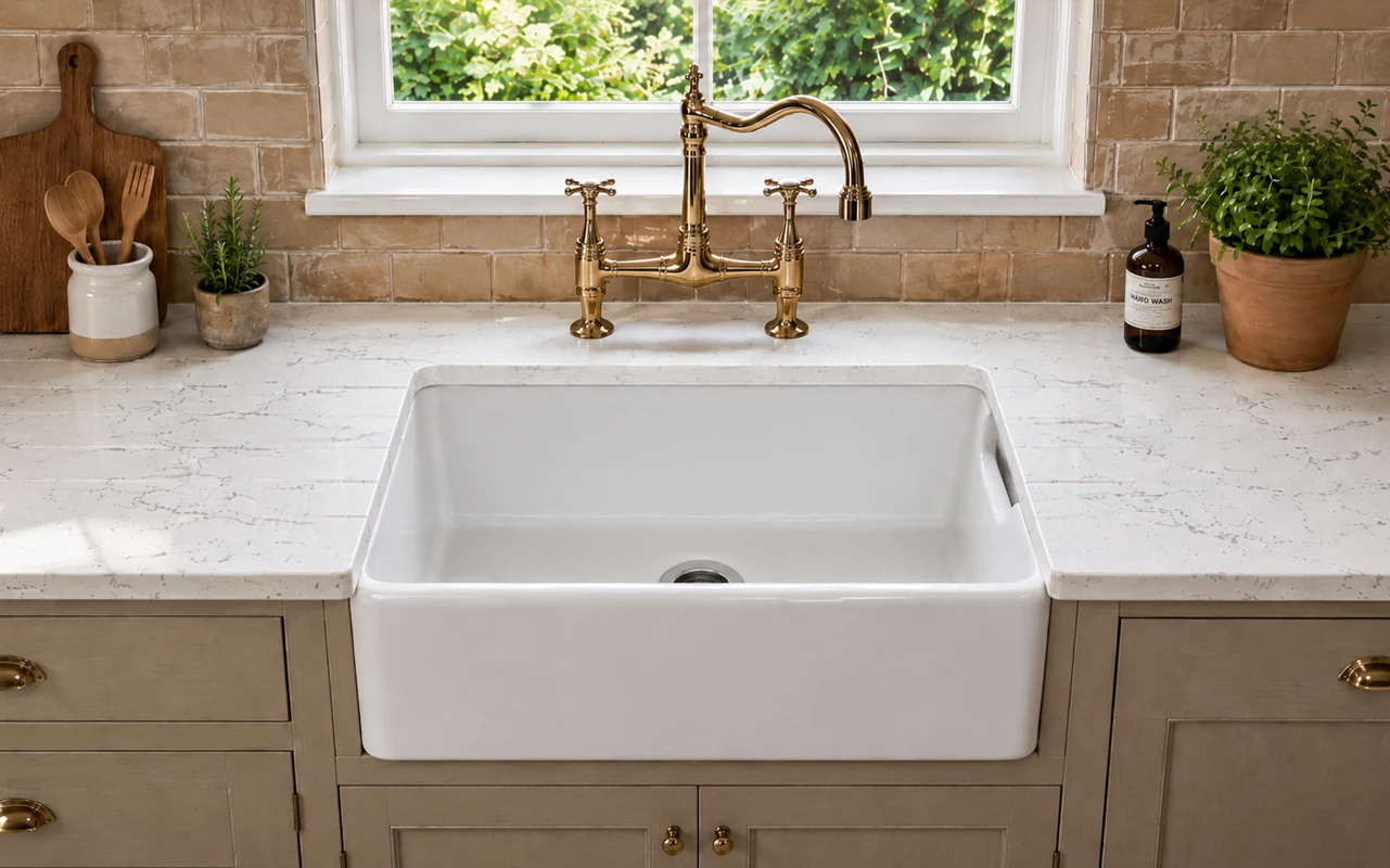 Belfast sink installed with a light quartz worktop, showing an undermount apron-front design suited for modern and traditional kitchens.