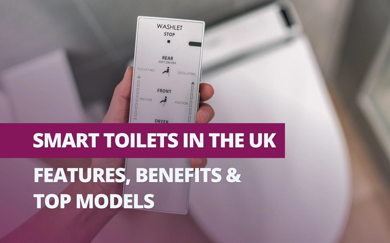 Hand holding smart toilet remote control with text overlay about smart toilets in the UK, their features, benefits, and top models.