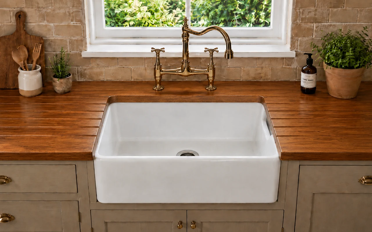 Belfast sink set into a solid wood worktop, illustrating a traditional farmhouse aesthetic and natural material pairing.