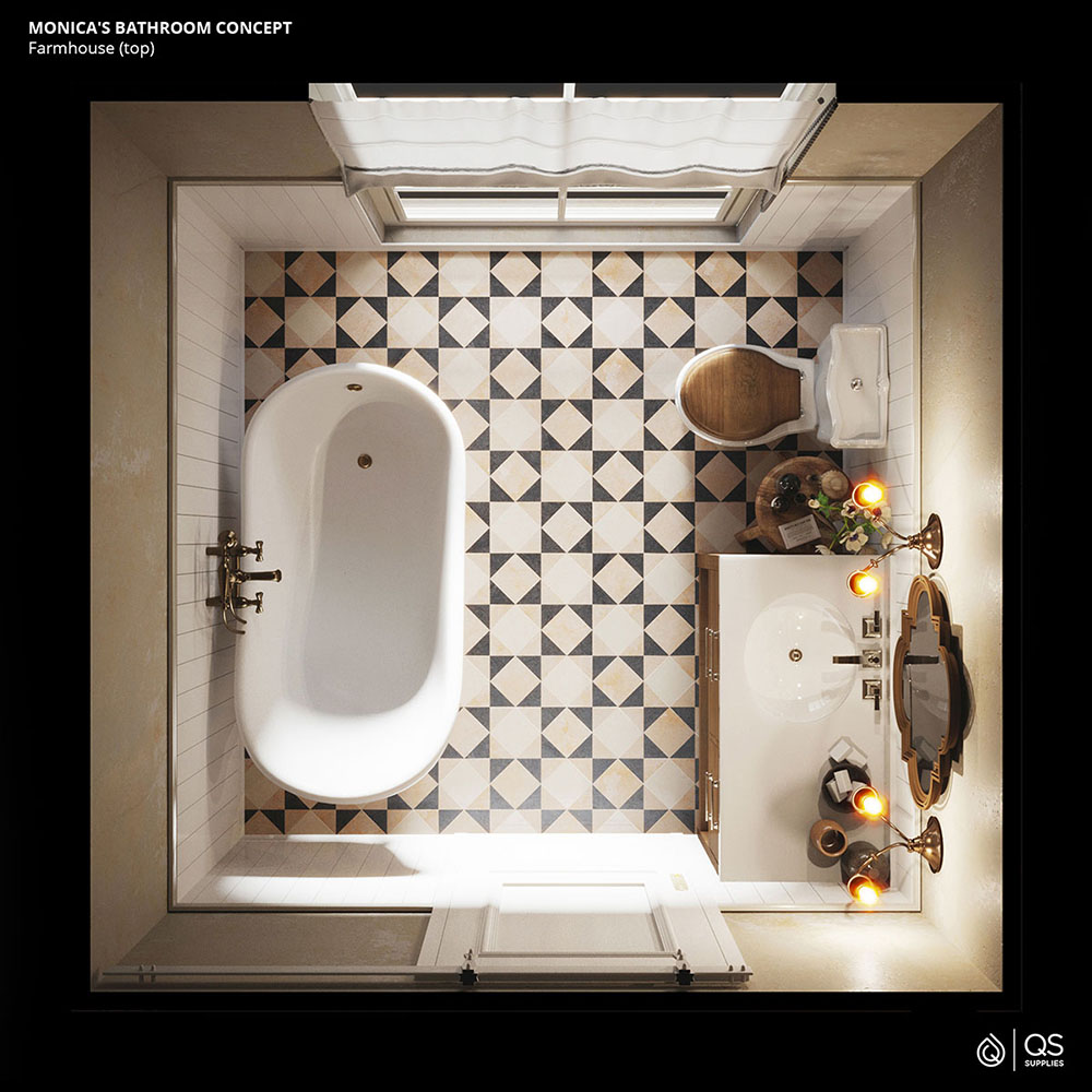 The One Where Monica Redesigns Her Bathroom - Farmhouse Top View QS Supplies Version